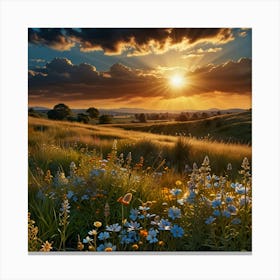 A Beautiful Tan And Blue Heavenly Clouded Sky With The Sun Peeking Behind Glowing Onto A Field Of Wildflowers 2 Canvas Print