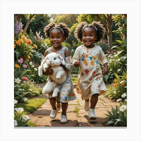 Two Little African Girls Happy In A Garden Holding A White Rabbit Canvas Print