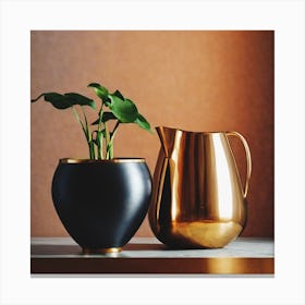 Two Gold Vases And A Plant 1 Canvas Print