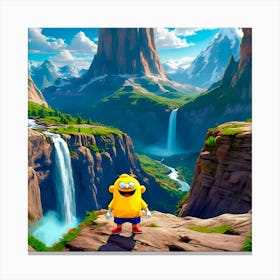 Cartoon Character In Front Of A Waterfall Canvas Print