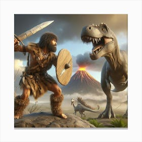 Prehistoric Man And Dinosaurs Canvas Print