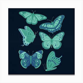 Texas Butterflies   Green And Blue On Navy Square Canvas Print