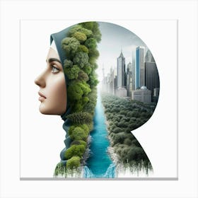 A photo of a young woman wearing a hijab made of plants and water, symbolizing the connection between humans and nature, and the importance of protecting the environment. Canvas Print