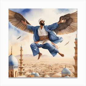 Man Fly In Sky Watercolor Canvas Print