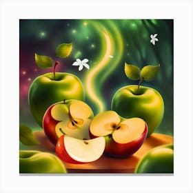 Apple Trees In The Forest, Isolated apples. green and red apples fruit with slice (cut) isolated with clipping path , kitchen decor, living room decor, food art decor. Canvas Print