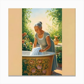 An Elderly Woman, Likely In Her 70s, With Silver Hair Styled In A Neat Bun And Wrinkles Etched On Her Warm, Sun Kissed Skin, Stands In A Lush Green Backyard On A Warm Summer Afternoon, Surrounded By Vibrant Flowers And Lush Foliage (3) Canvas Print