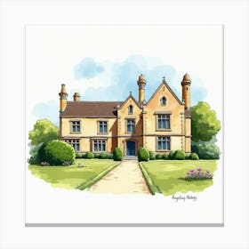 Watercolor Illustration Of The Anglesey Abbey In Cambridgeshire, Showcasing Its Historic Design And Beautiful Grounds Canvas Print