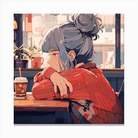 Anime Girl Sitting At A Table 1 Canvas Print