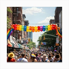 Crowds Of People In Rainbow Attire Fill The Streets Of A Bustling Urban Center At The Multiracial Pr (1) 1 Canvas Print