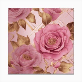 Seamless Pattern Of Elegant Rose Floral Motifs In Pink, Adorned With Gold Lines Canvas Print