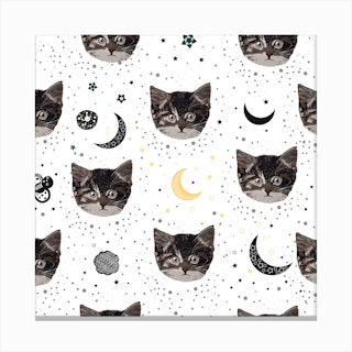 Cute Cats And Space Pattern Square Canvas Print