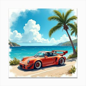 Porsche 911 Gt1 Surrounded By A Vibrant Watercolor Ocean View Canvas Print