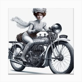 Motorbike Girl From A Bygone Era 4/4 (victorian black and white sepia woman female lady cycle wheels exciting) Canvas Print