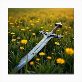 Enchanted Sword Lying In A Field Of Golden Flowers 1 Canvas Print