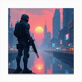 Futuristic Soldier In A Neon Lit Cityscape At Dusk, Watercolor Art 1 1 Canvas Print