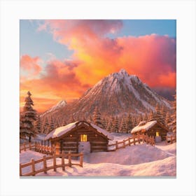 Mountain village snow wooden huts 3 Canvas Print