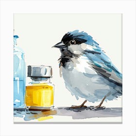 Watercolor Bird With Medicine Bottle Canvas Print