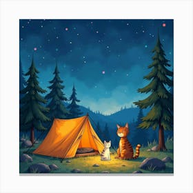 Cat And Human On A Camping Trip, Watercolor Style, Starry Night 1 Canvas Print