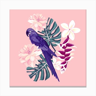 Tropical Monstera And Bird Square Canvas Print