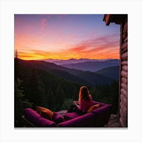 Woman Savoring The Majesty Of A Sunset From Her Isolated Mountain Porch Sun Blending Into The Horiz 2 Canvas Print