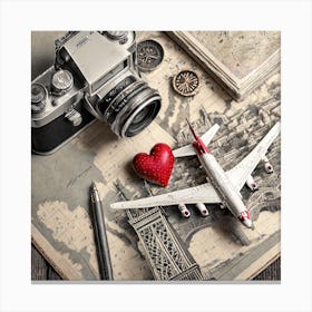 Firefly A Paris, France Vintage Travel Flatlay, Camera, Small Red Heart, Map, Stamp, Flight, Airplan (2) Canvas Print