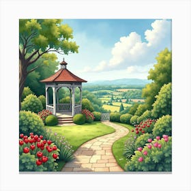 An English Garden With A Charming Gazebo And A View Of The Countryside, Watercolor 1 Canvas Print