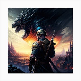 Warrior In Front Of A Dragon Canvas Print