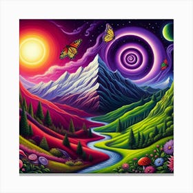 Mountain With Spiral Moon Sun Butterfly Canvas Print