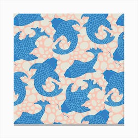 KOI Japanese Swimming Fish in Pebble Zen Pond in Blue White Blush Orange Canvas Print