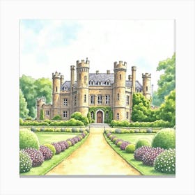 Watercolor Scene Of The Eastnor Castle In Herefordshire, Featuring Its Grand Design And Beautiful Gardens Canvas Print