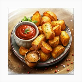 Crispy Potato Wedges With Ketchup And Mustard Sauce Canvas Print