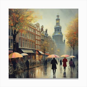 Amsterdam cafes, autumn season, rain, autumn oil colours.Faded colours,People passing on the street, winter clothes, rain umbrellas.1 Canvas Print