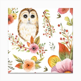Owls With Flowers Terracotta Green Square Canvas Print