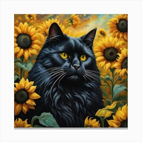 Black Cat In Sunflowers Canvas Print