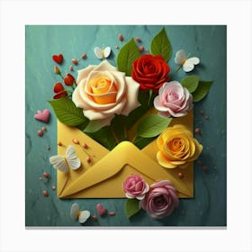An open red and yellow letter envelope with flowers inside and little hearts outside 19 Canvas Print