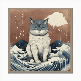 Hokusai style Cat on The Waves Art Canvas Print