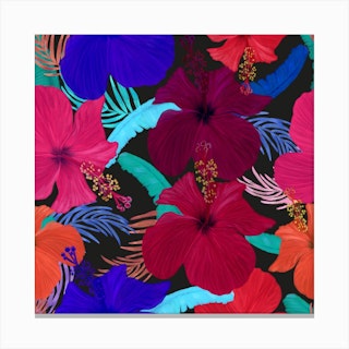 Cute Hibiscus And Tropical Leaves Vibrant Pattern Square Canvas Print