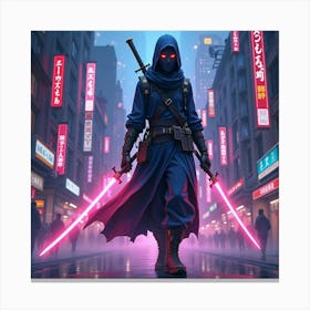 Ninja In Glowing Futuristic City, Watercolor, Bright Neon 1 Canvas Print