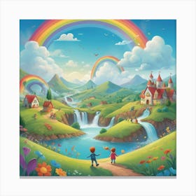 A playful and colorful children’s illustration of a fantasy world with cute characters, rolling hills, fluffy clouds, and a rainbow-filled sky. The scene is joyful and imaginative, full of fun details 1 Canvas Print