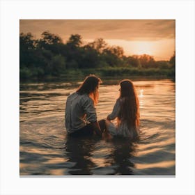 Couple In The River At Sunset Canvas Print