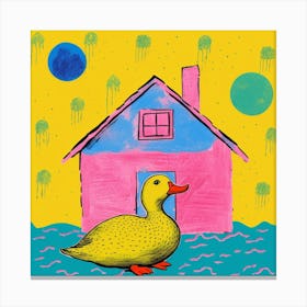 Duckling Outside A House Linocut Style 2 Canvas Print