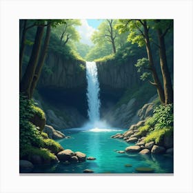 A Hidden Waterfall Cascading Into A Crystal Clear Pool In A Forest 1 Canvas Print