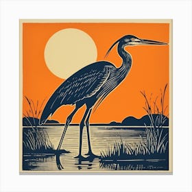 Retro Bird Lithograph Great Blue Heron 4 Canvas Print