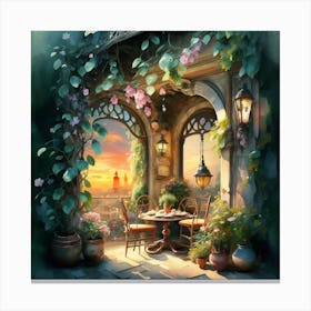 Quiet and attractive dining nook, overgrown flowers, high quality, detailed, highly 3D, elegant carved cart, 1 Canvas Print