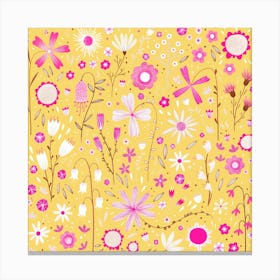 Pink and White Wild Flowers on Yellow Canvas Print