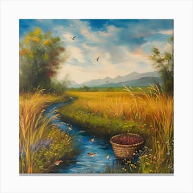 Vibrant Riverside Filled With Wheet Canvas Print