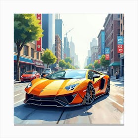 Exotic Sports Car In A Vibrant Cityscape, Watercolor Painting 1 Canvas Print