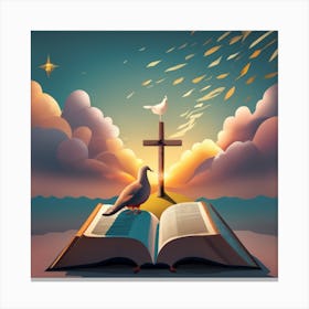 A Bible, cross with beautiful sky view Canvas Print