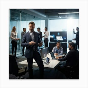 Confident Ceo Standing Center At A Sleek Modern Office Workshop Surrounded By Focused Team In Moti (4) Canvas Print