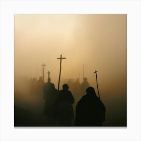 Silhouette Of Pilgrims Walking In The Fog Canvas Print